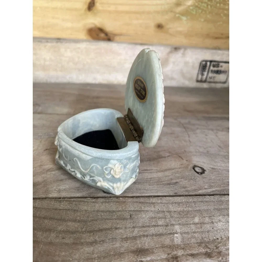 Vintage Genuine Incolay Blue Green Stone Heart Shape /Roses  Jewelry Trinket Box
